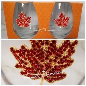 2pc Fall Thanksgiving Maple Leaf Rhinestone Jeweled Cocktail Wine Glass Set New